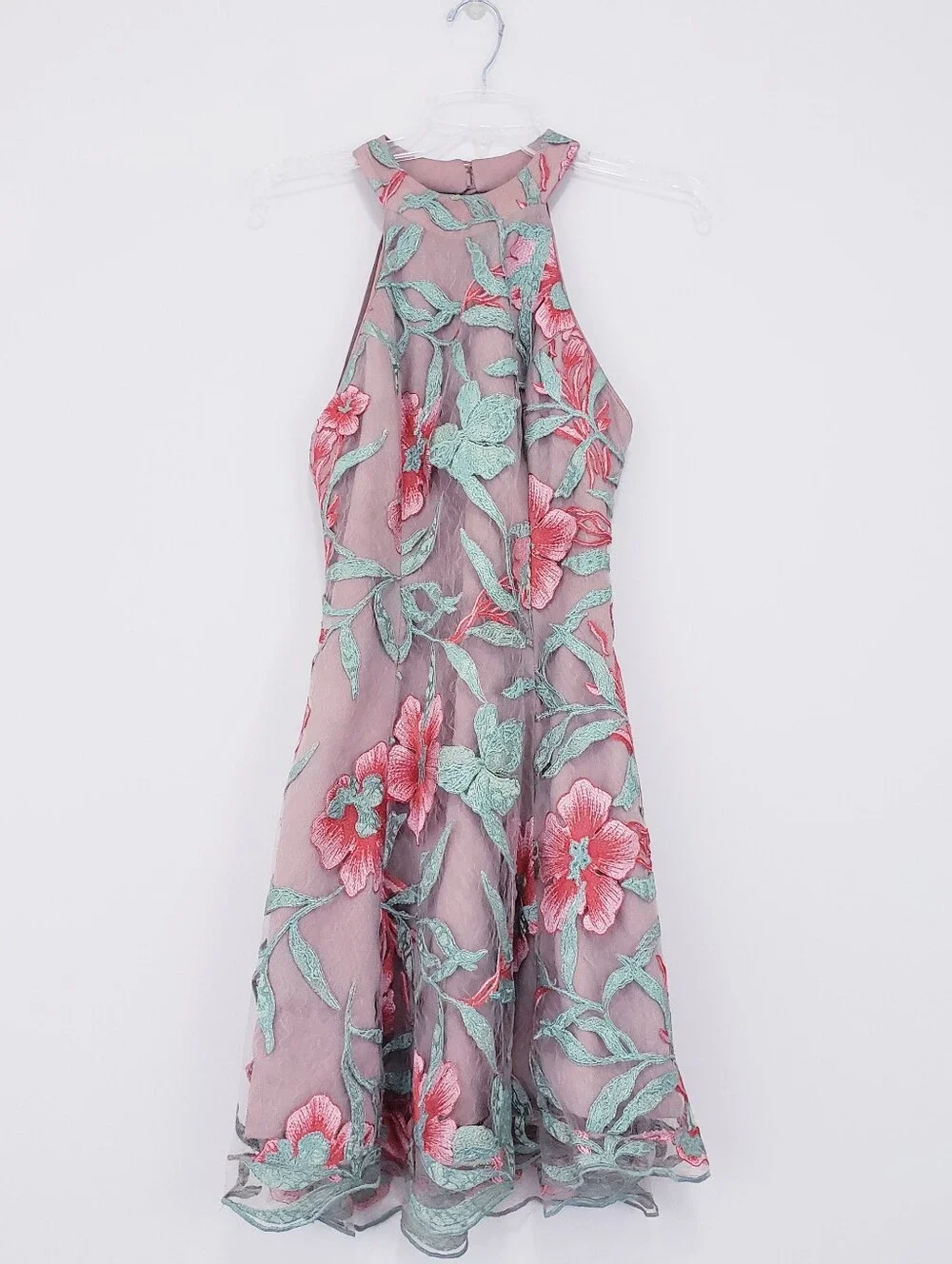 Dress The Population Abbie Floral Halter Dress Skater Coral Beige Lace Medium - Picture 3 of 11